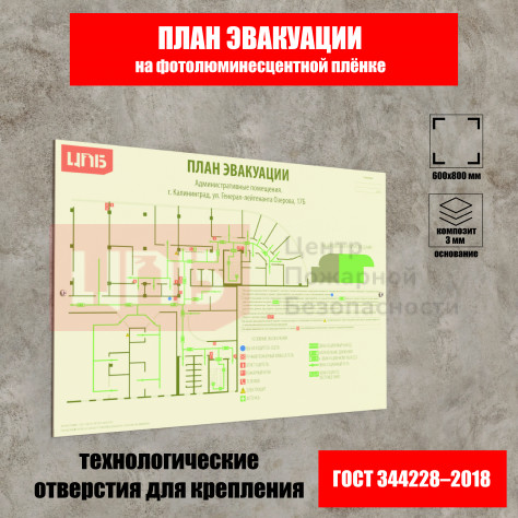 План эвакуации 600х800 мм на фотолюминесцентной плёнке (основание из композита)
