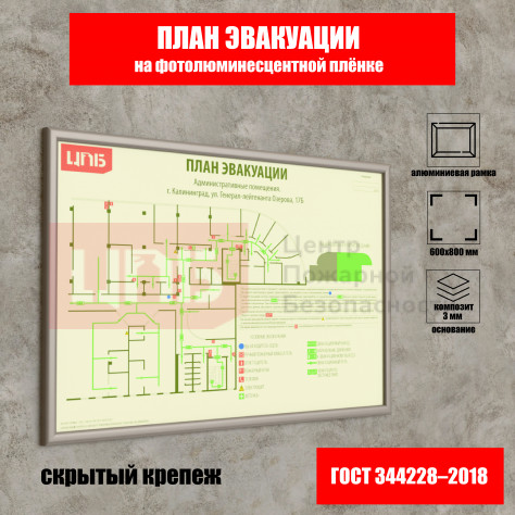 План эвакуации 600х800 мм на фотолюминесцентной плёнке (основание из композита в рамке)